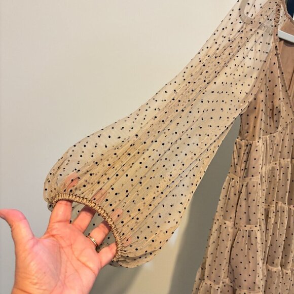 Staud Meadow Puff Sleeve Tan Black Polka Dot V Neck Tiered Dress - Picture 8 of 14